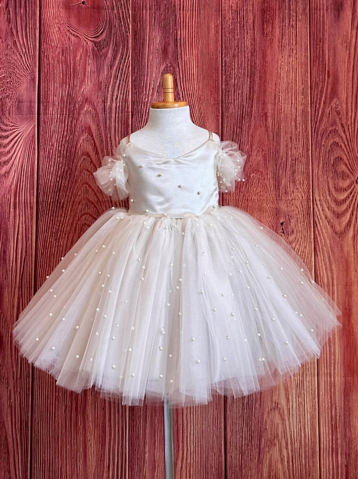 TinyTulle Champagne Off Shoulder Pearl Tulle Flower Girl Wedding Dress