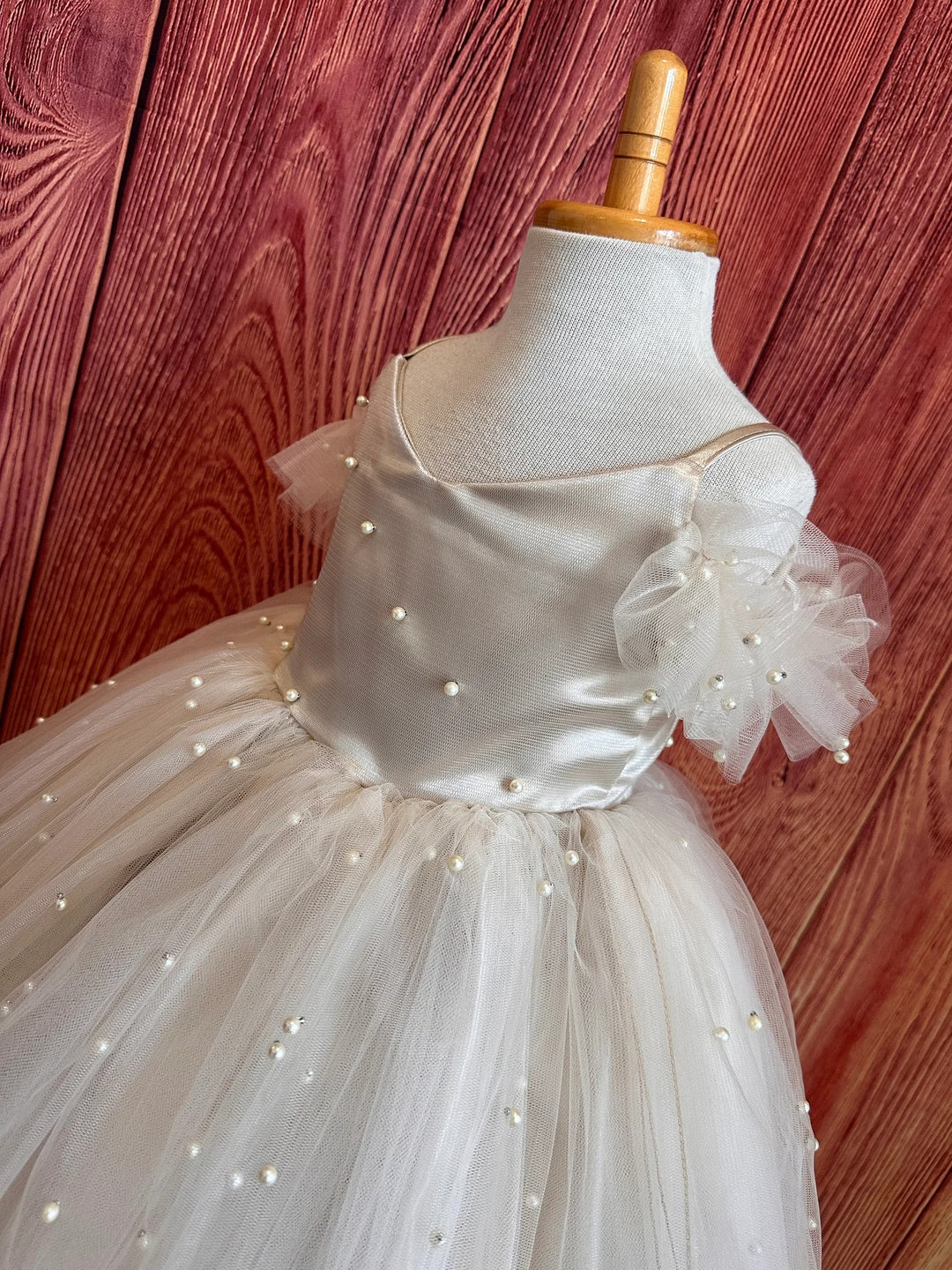 TinyTulle Champagne Off Shoulder Pearl Tulle Flower Girl Wedding Dress