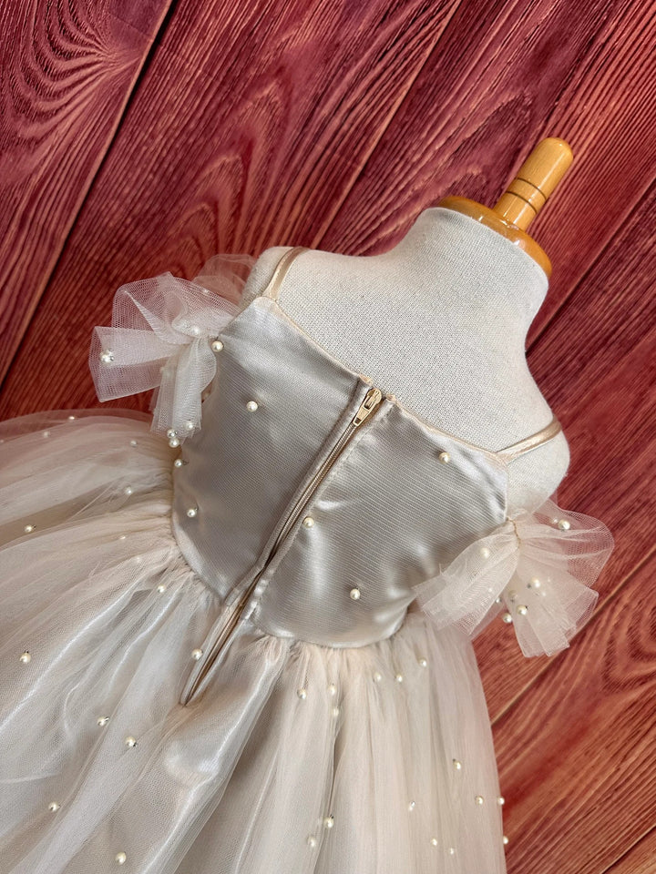 TinyTulle Champagne Off Shoulder Pearl Tulle Flower Girl Wedding Dress