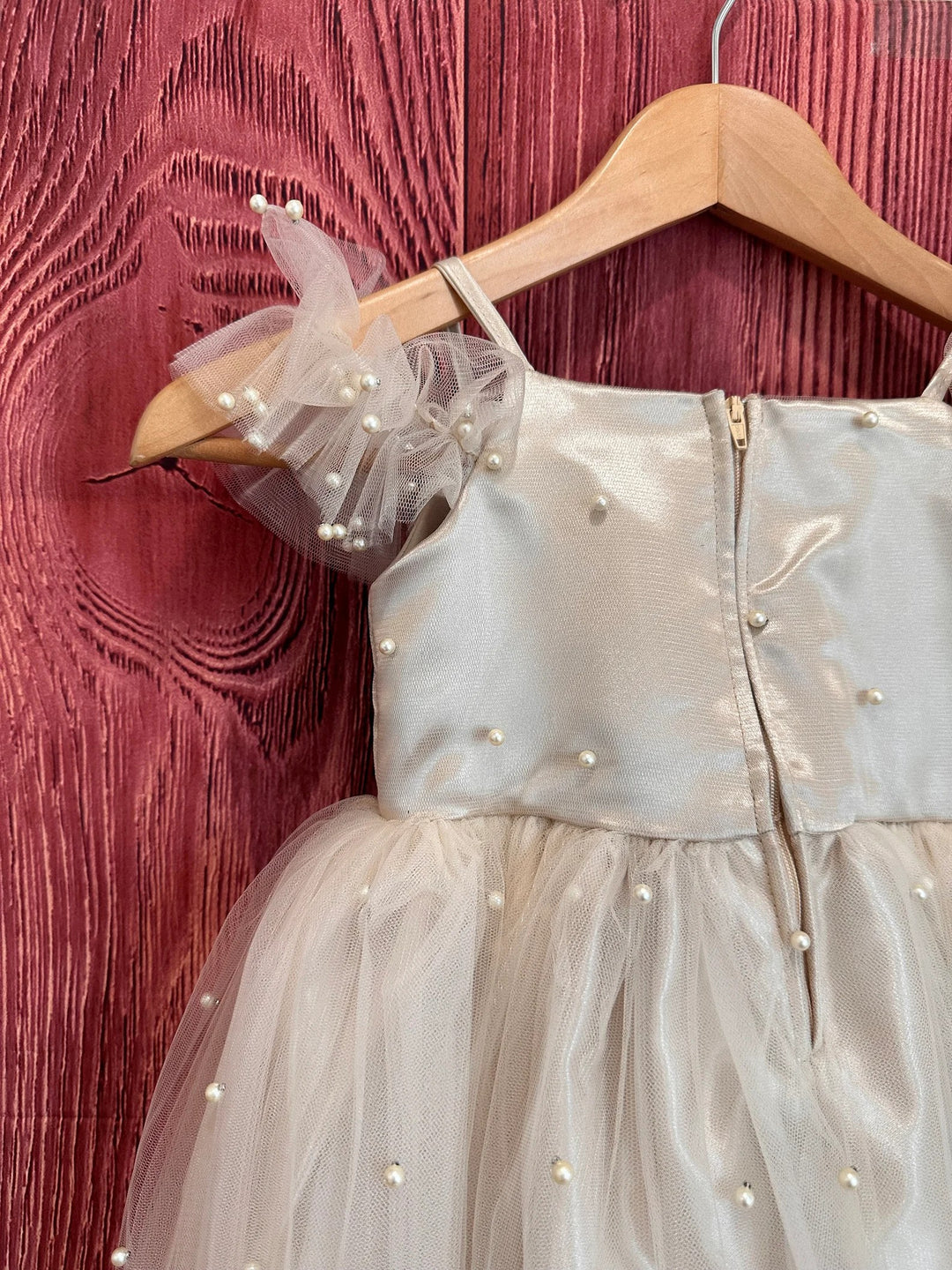 TinyTulle Champagne Off Shoulder Pearl Tulle Flower Girl Wedding Dress