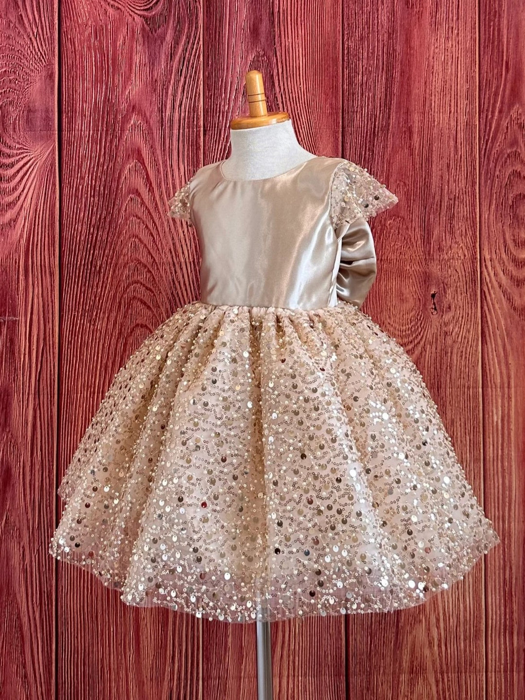 TinyTulle Champagne Sequin V-Back Flower Girl Dress Knee-Length Wedding Party Dress