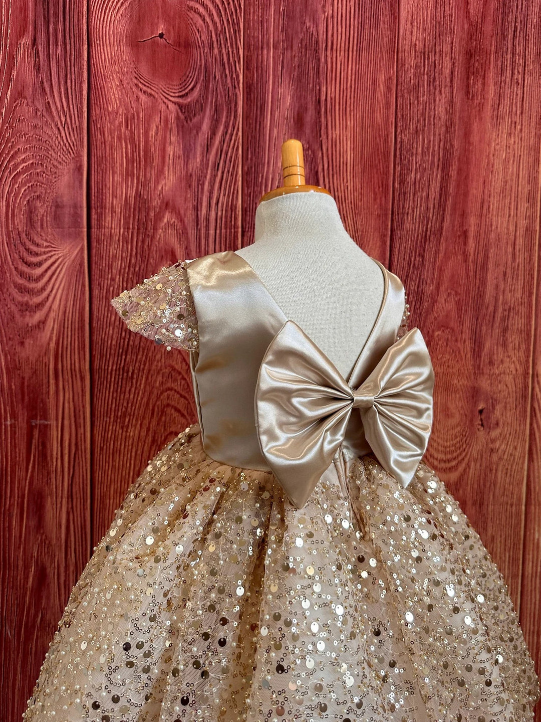 TinyTulle Champagne Sequin V-Back Flower Girl Dress Knee-Length Wedding Party Dress