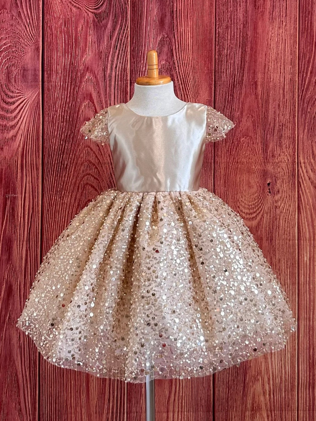 TinyTulle Champagne Sequin V-Back Flower Girl Dress Knee-Length Wedding Party Dress
