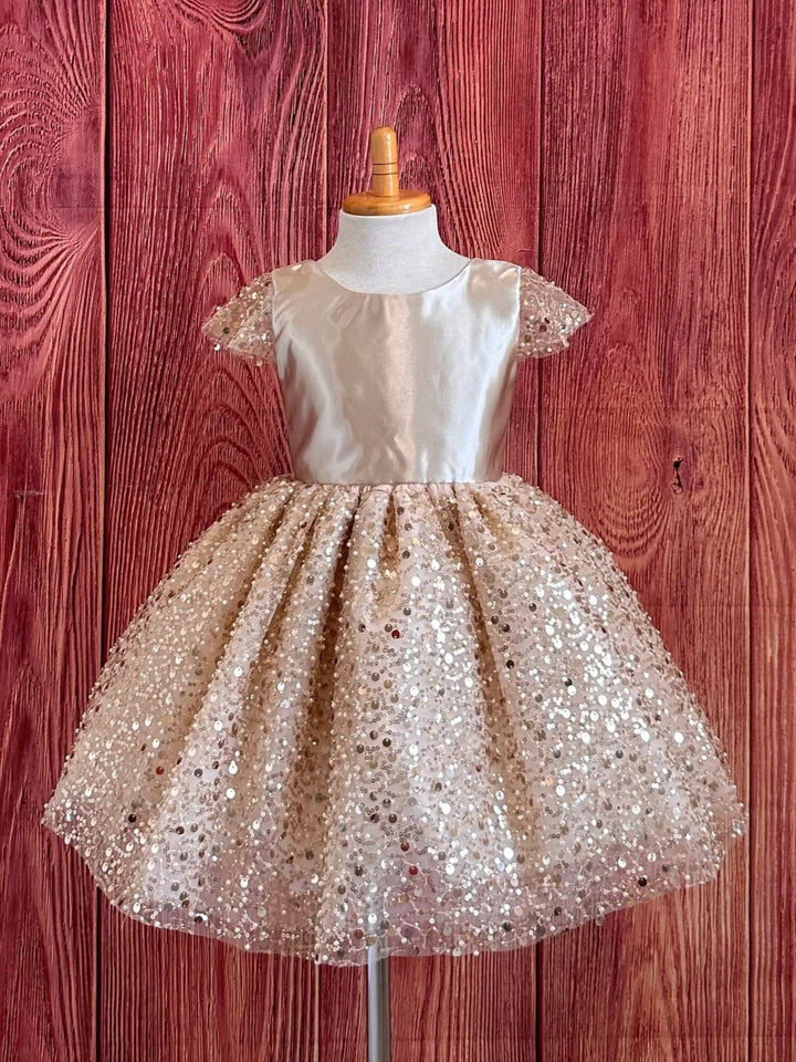TinyTulle Champagne Sequin V-Back Flower Girl Dress Knee-Length Wedding Party Dress