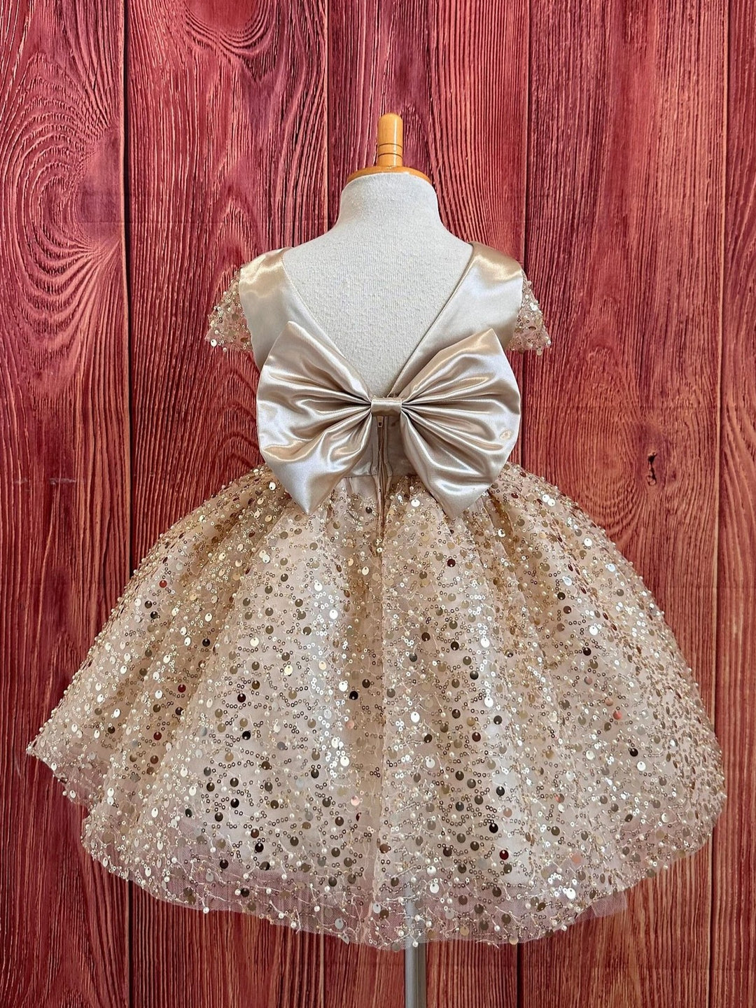 TinyTulle Champagne Sequin V-Back Flower Girl Dress Knee-Length Wedding Party Dress