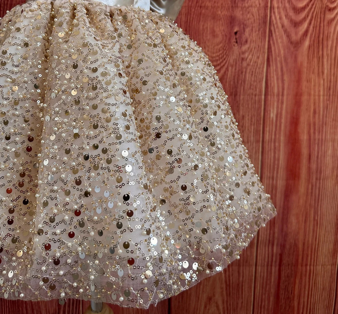 TinyTulle Champagne Sequin V-Back Flower Girl Dress Knee-Length Wedding Party Dress