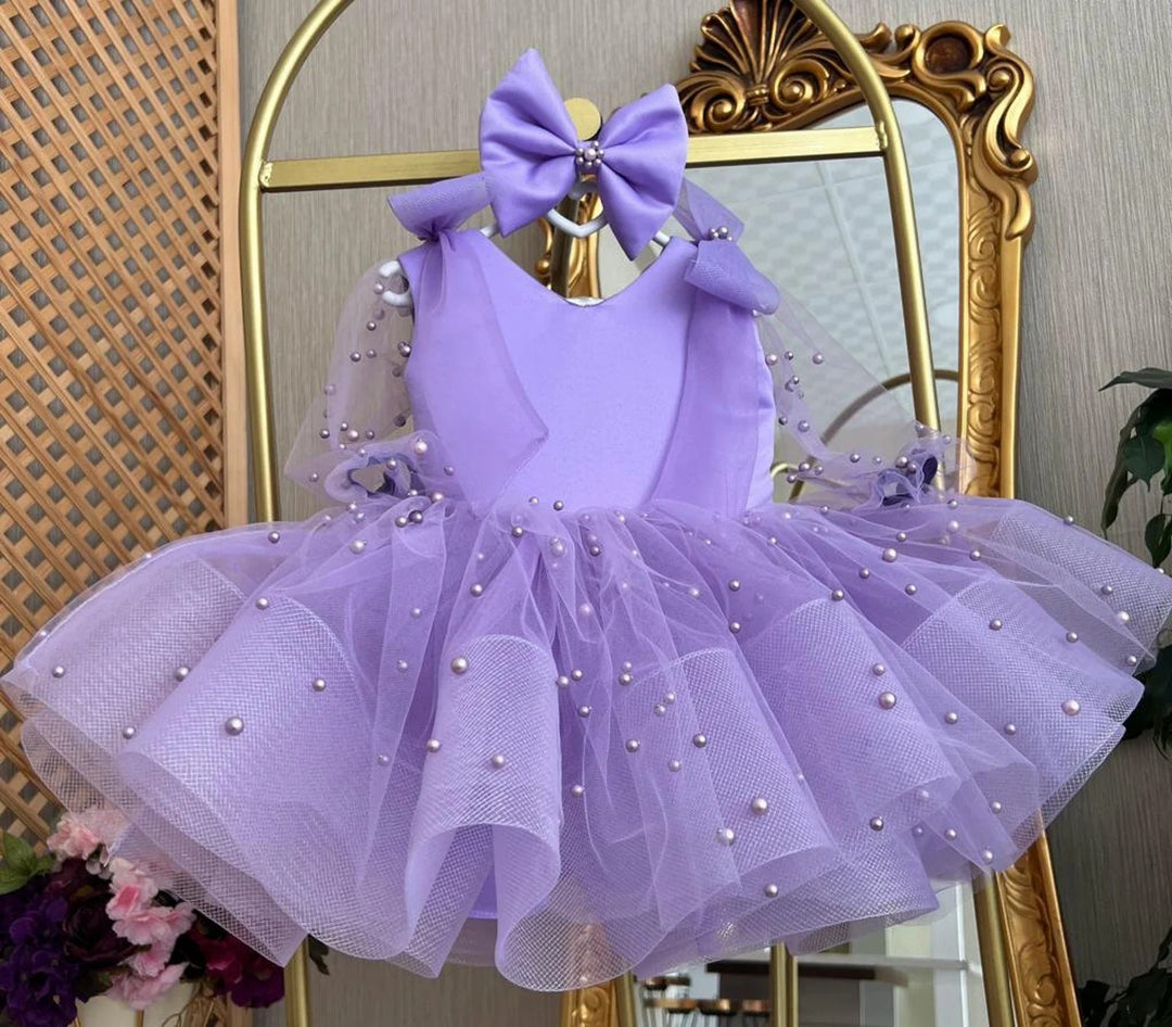TinyTulle Pink Pearl Tulle Flower Girl Dress with Bow