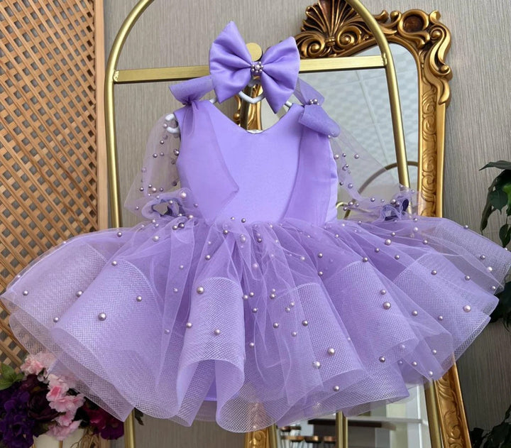 TinyTulle Pink Pearl Tulle Flower Girl Dress with Bow