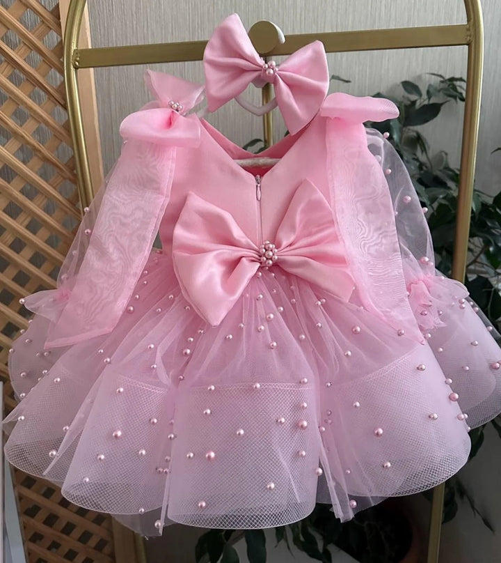 TinyTulle Pink Pearl Tulle Flower Girl Dress with Bow