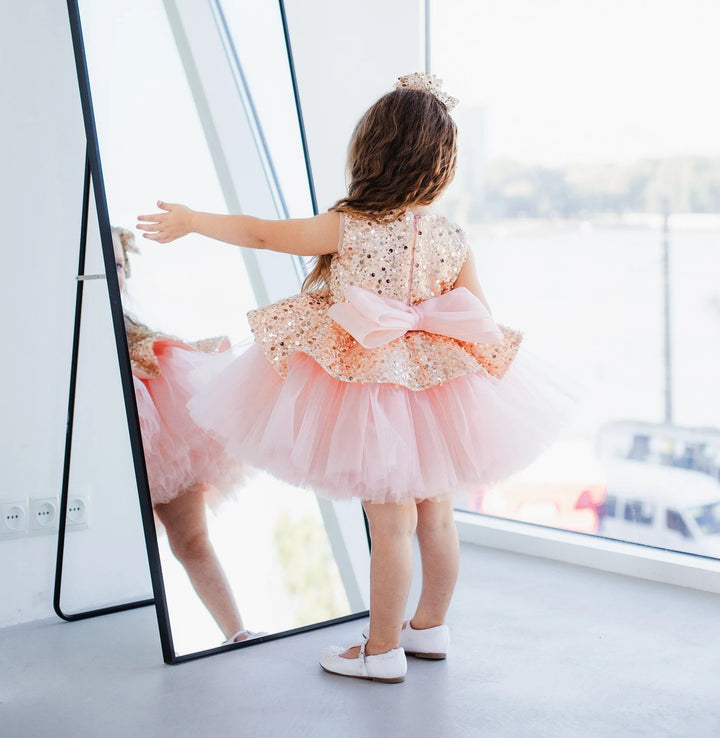 TinyTulle Sparkling Gold &amp; Blush Pink Flower Girl Dress with Oversized Bow
