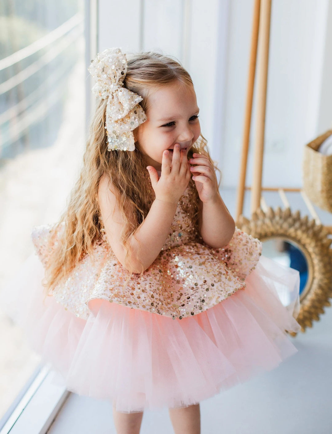 TinyTulle Sparkling Gold &amp; Blush Pink Flower Girl Dress with Oversized Bow