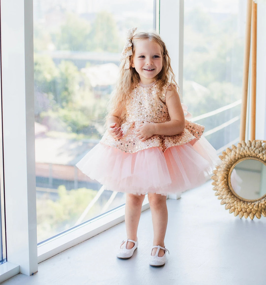 TinyTulle Sparkling Gold &amp; Blush Pink Flower Girl Dress with Oversized Bow