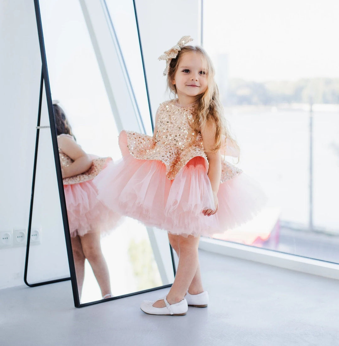 TinyTulle Sparkling Gold &amp; Blush Pink Flower Girl Dress with Oversized Bow