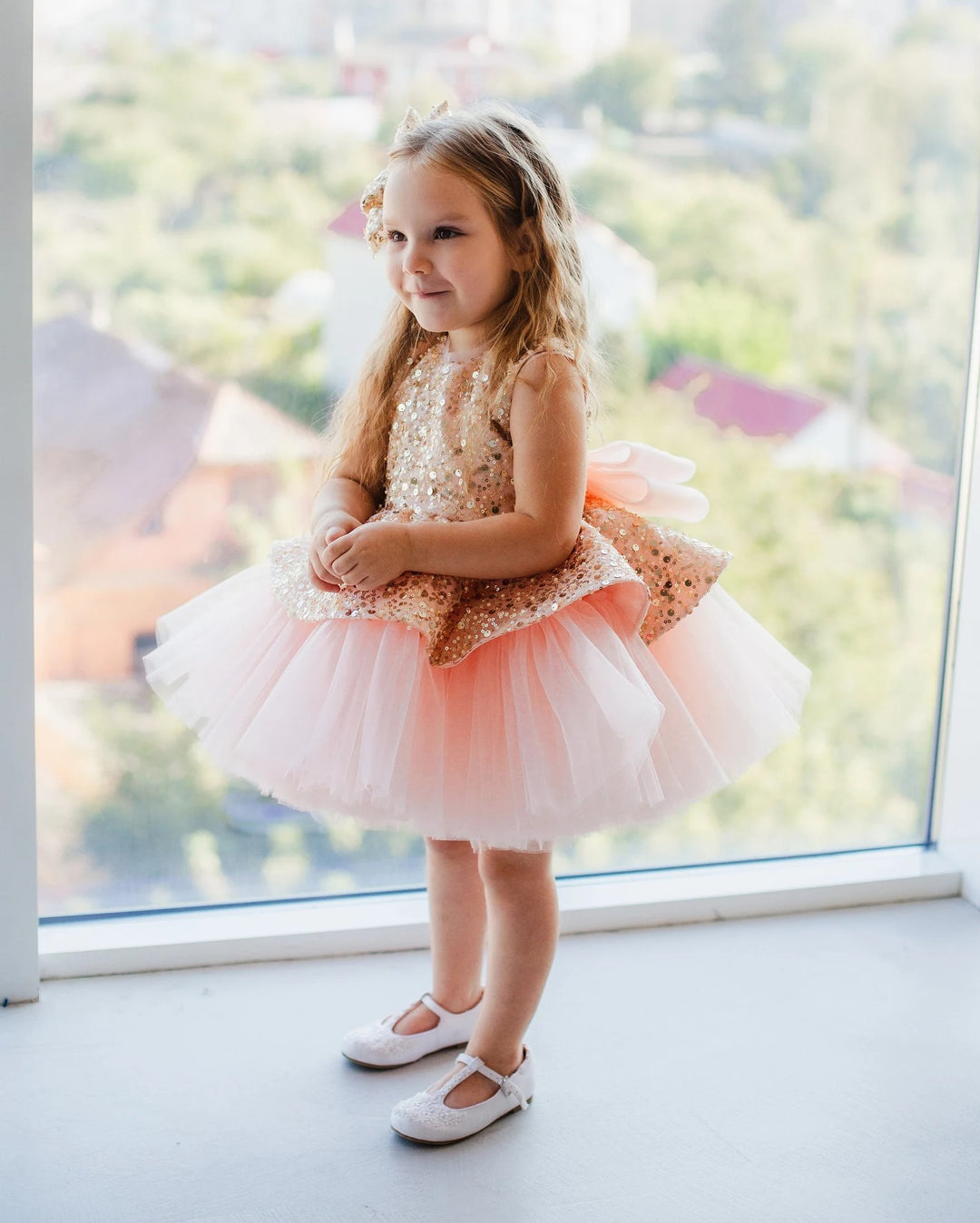TinyTulle Sparkling Gold &amp; Blush Pink Flower Girl Dress with Oversized Bow