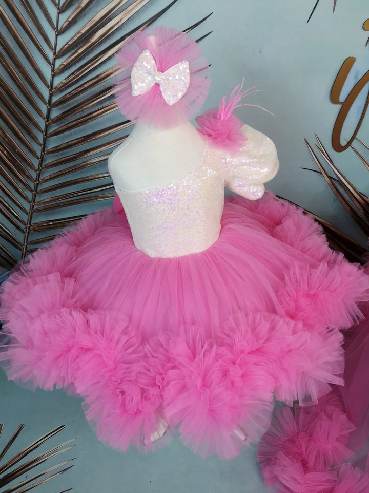 TinyTulle One Shoulder Sequin Tulle Flower Girl Dress with Detachable Train