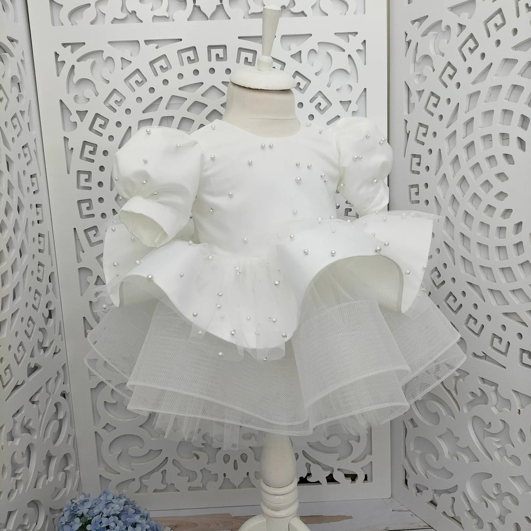 TinyTulle Champagne Satin Baby Girl Dress with Beaded Details for Weddings and Birthday Parties