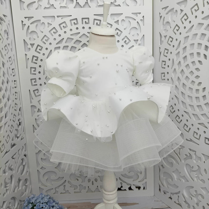 TinyTulle Champagne Satin Baby Girl Dress with Beaded Details for Weddings and Birthday Parties