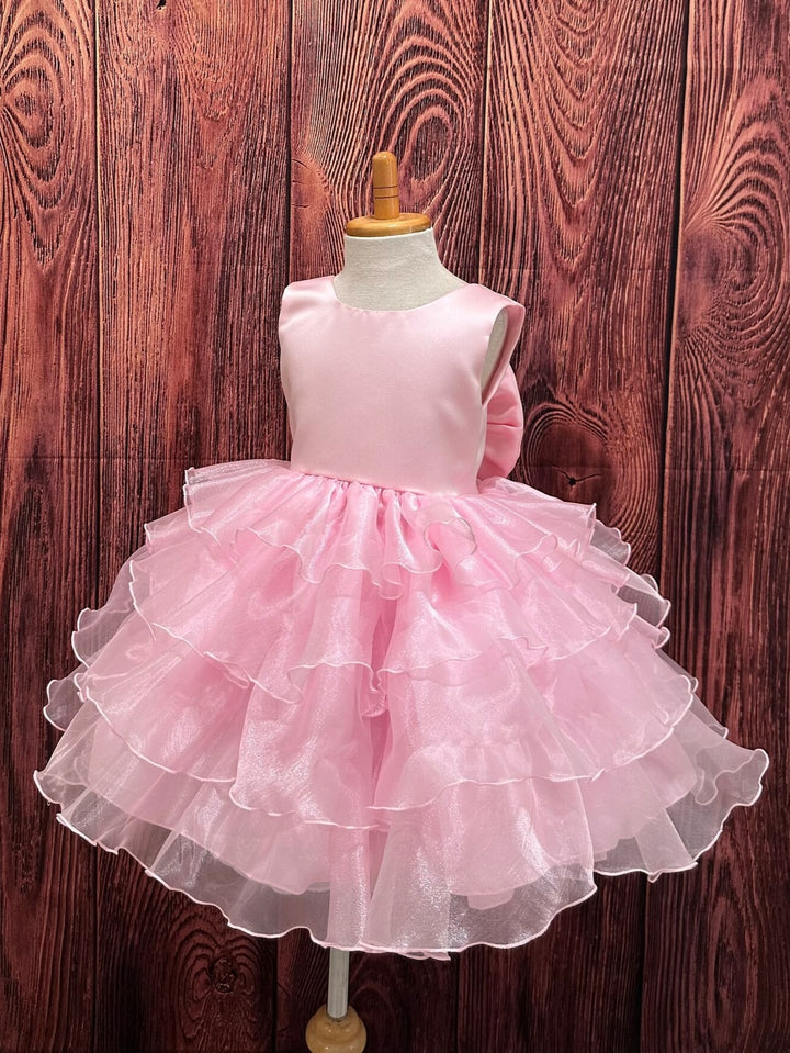TinyTulle Elegant Pink Organza Ruffle Knee-Length Flower Girl Dress with V-Back