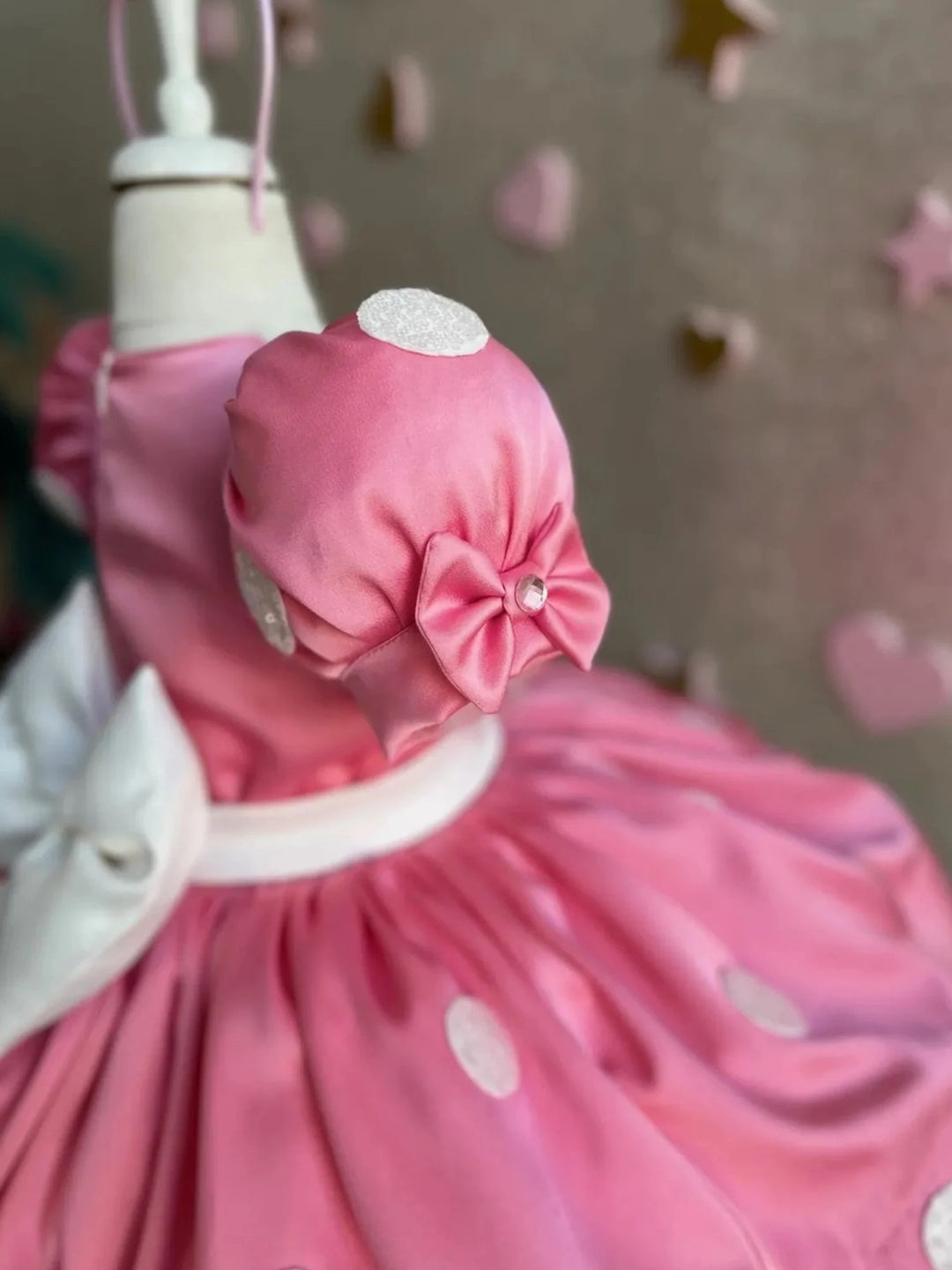 TinyTulle Charming Red Satin Flower Girl Dress with Puff Sleeves, Peter Pan Collar &amp; Polka Dot Skirt