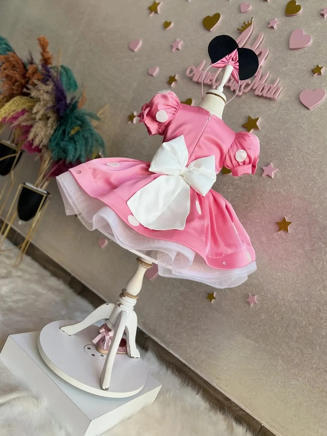 TinyTulle Charming Red Satin Flower Girl Dress with Puff Sleeves, Peter Pan Collar &amp; Polka Dot Skirt