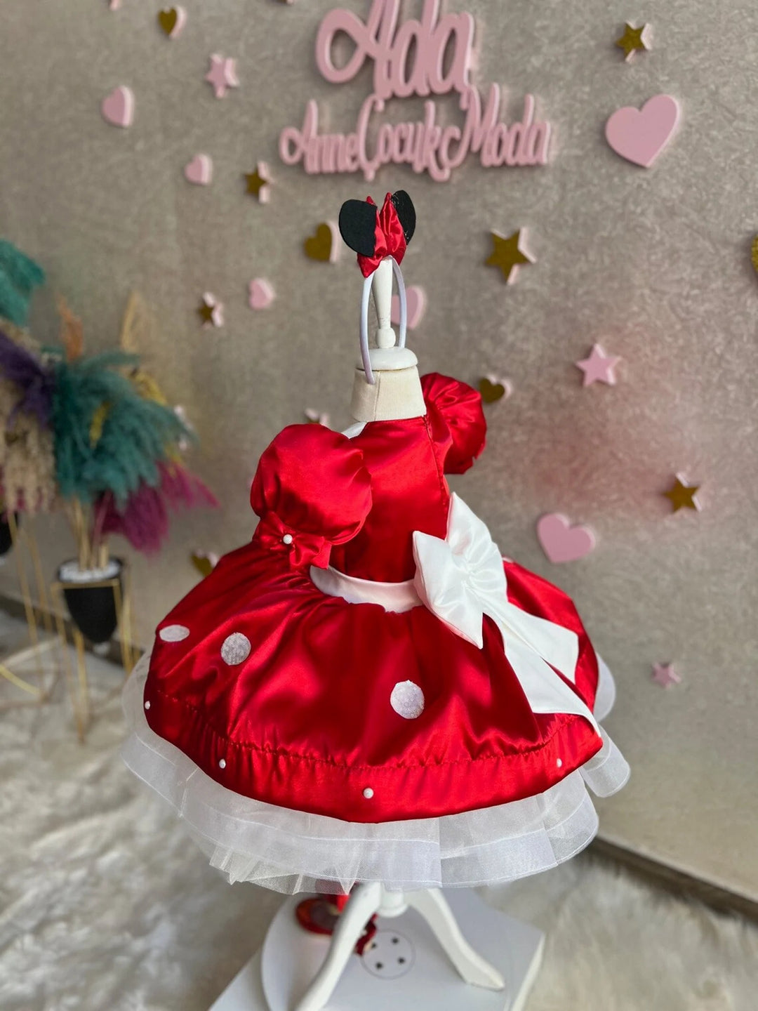 TinyTulle Charming Red Satin Flower Girl Dress with Puff Sleeves, Peter Pan Collar &amp; Polka Dot Skirt