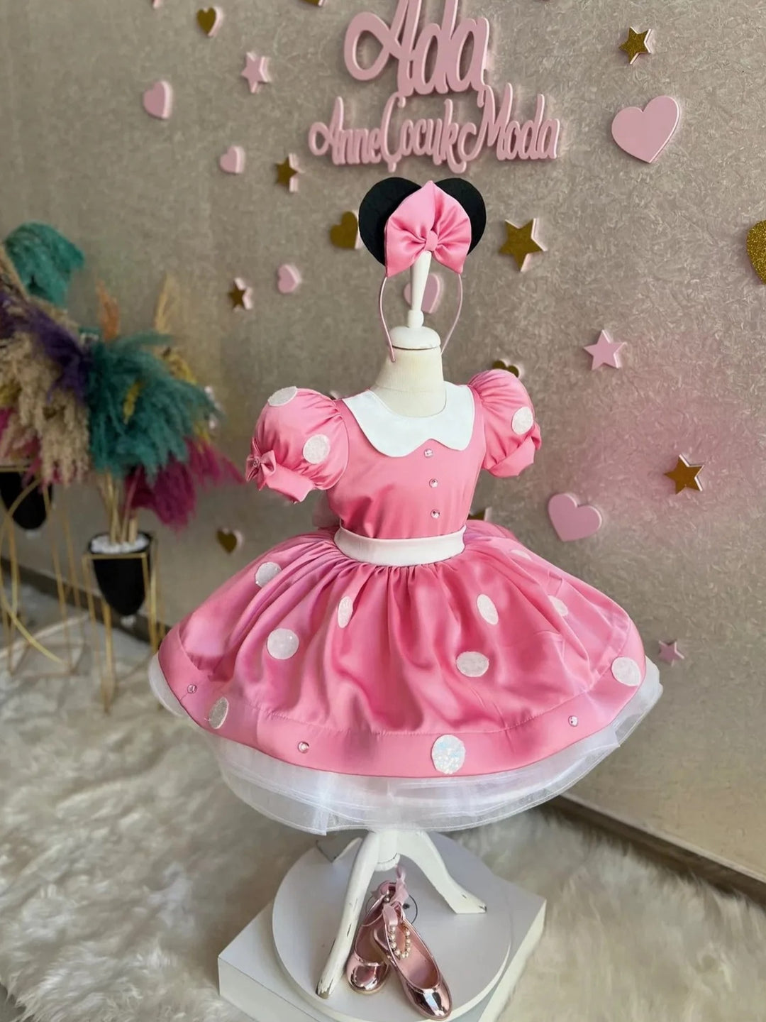 TinyTulle Charming Red Satin Flower Girl Dress with Puff Sleeves, Peter Pan Collar &amp; Polka Dot Skirt
