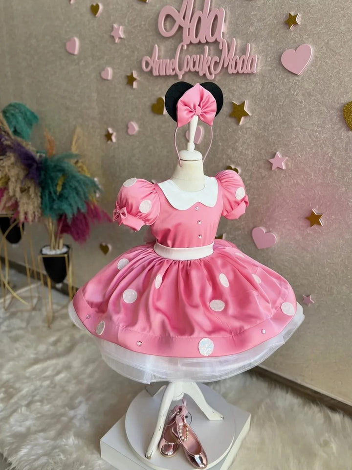 TinyTulle Charming Red Satin Flower Girl Dress with Puff Sleeves, Peter Pan Collar &amp; Polka Dot Skirt