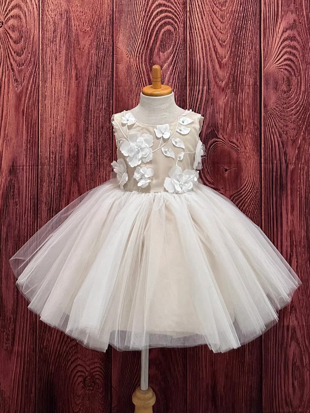 TinyTulle Champagne 3D Floral Tulle Knee-Length Flower Girl Dress with Big Bow