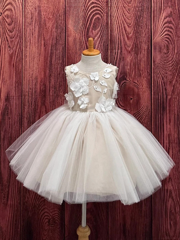 TinyTulle Champagne 3D Floral Tulle Knee-Length Flower Girl Dress with Big Bow