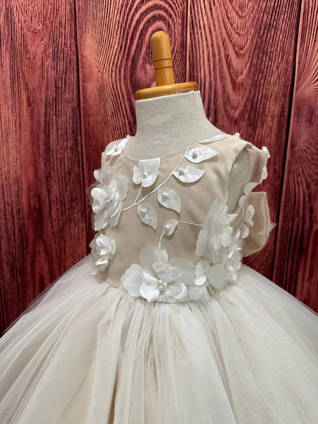 TinyTulle Champagne 3D Floral Tulle Knee-Length Flower Girl Dress with Big Bow