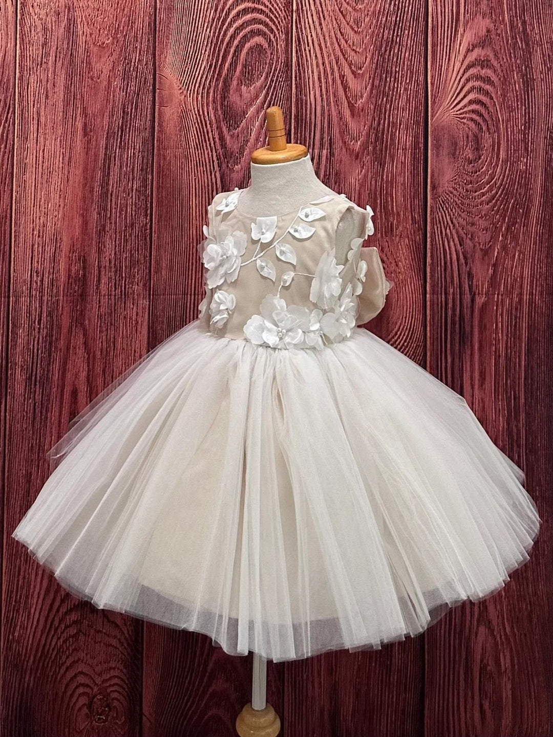 TinyTulle Champagne 3D Floral Tulle Knee-Length Flower Girl Dress with Big Bow