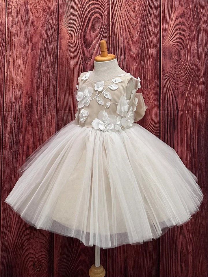 TinyTulle Champagne 3D Floral Tulle Knee-Length Flower Girl Dress with Big Bow