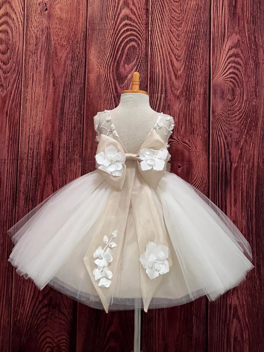 TinyTulle Champagne 3D Floral Tulle Knee-Length Flower Girl Dress with Big Bow