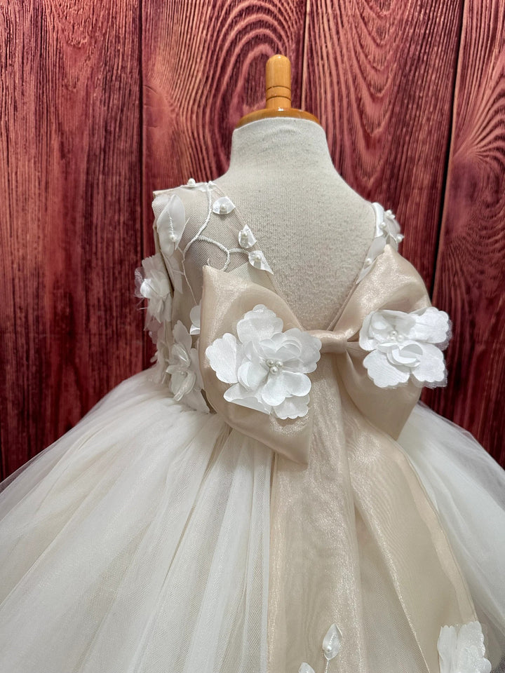 TinyTulle Champagne 3D Floral Tulle Knee-Length Flower Girl Dress with Big Bow