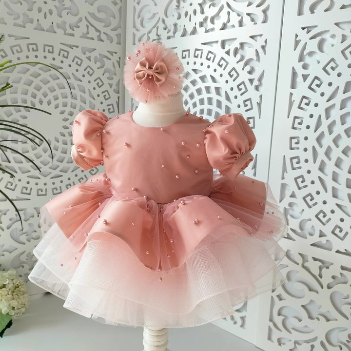TinyTulle Champagne Satin Baby Girl Dress with Beaded Details for Weddings and Birthday Parties