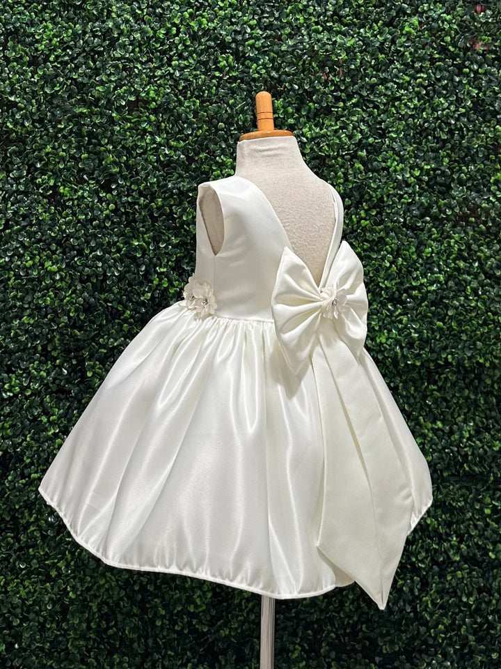 TinyTulle Ivory Knee-Length Satin Flower Girl Dress for Weddings &amp; Communion