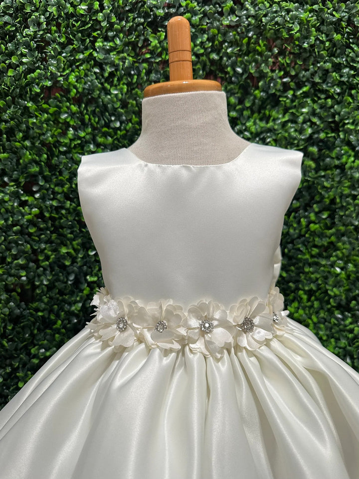 TinyTulle Ivory Knee-Length Satin Flower Girl Dress for Weddings &amp; Communion