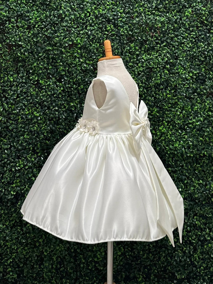 TinyTulle Ivory Knee-Length Satin Flower Girl Dress for Weddings &amp; Communion