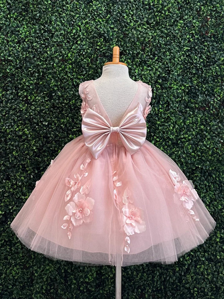 TinyTulle Pink Sleeveless 3D Floral Tulle Flower Girl Dress with Satin Bow