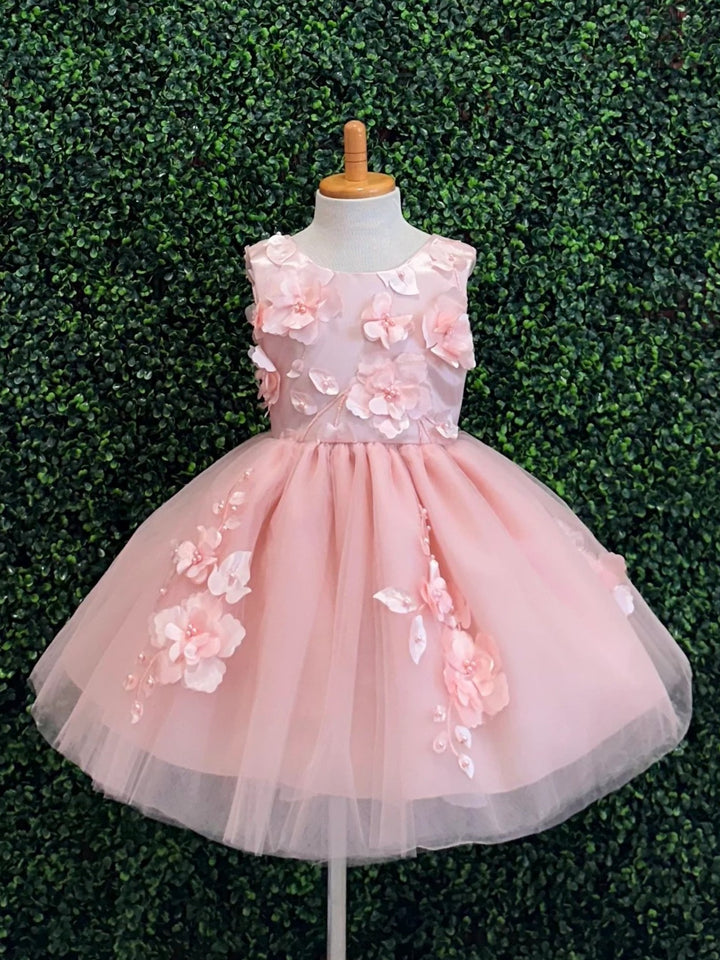 TinyTulle Pink Sleeveless 3D Floral Tulle Flower Girl Dress with Satin Bow