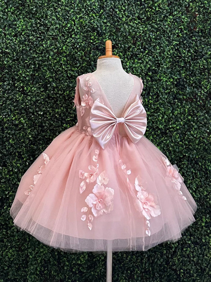 TinyTulle Pink Sleeveless 3D Floral Tulle Flower Girl Dress with Satin Bow