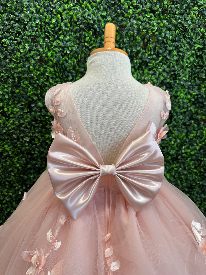TinyTulle Pink Sleeveless 3D Floral Tulle Flower Girl Dress with Satin Bow