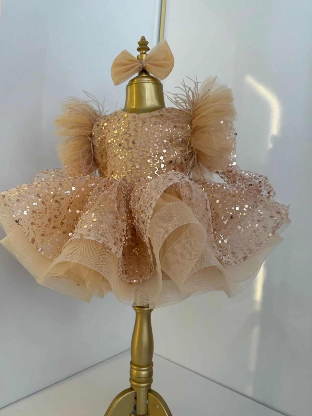 TinyTulle Golden Sparkle Puff Sleeve Flower Girl Dress with Sequin Bow