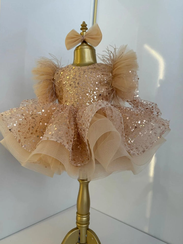 TinyTulle Golden Sparkle Puff Sleeve Flower Girl Dress with Sequin Bow
