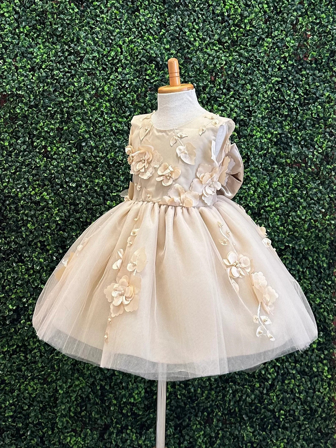 TinyTulle Elegant Champagne Tulle Flower Girl Dress with Floral Details and V-Back