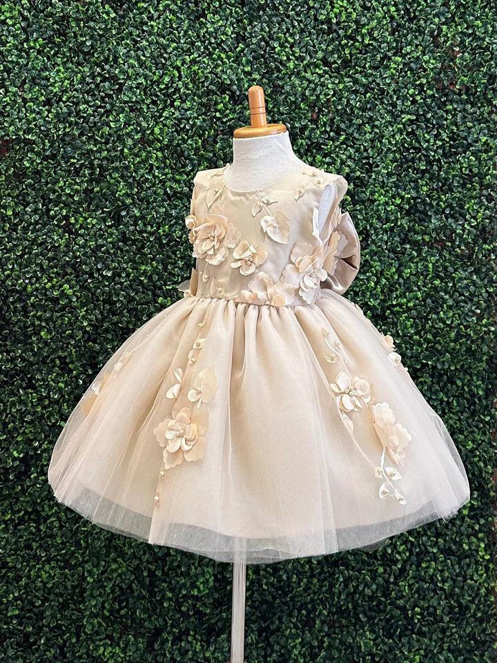 TinyTulle Elegant Champagne Tulle Flower Girl Dress with Floral Details and V-Back