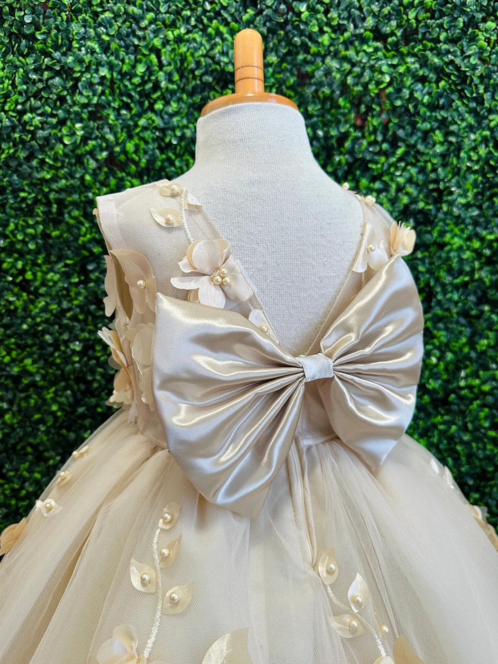 TinyTulle Elegant Champagne Tulle Flower Girl Dress with Floral Details and V-Back