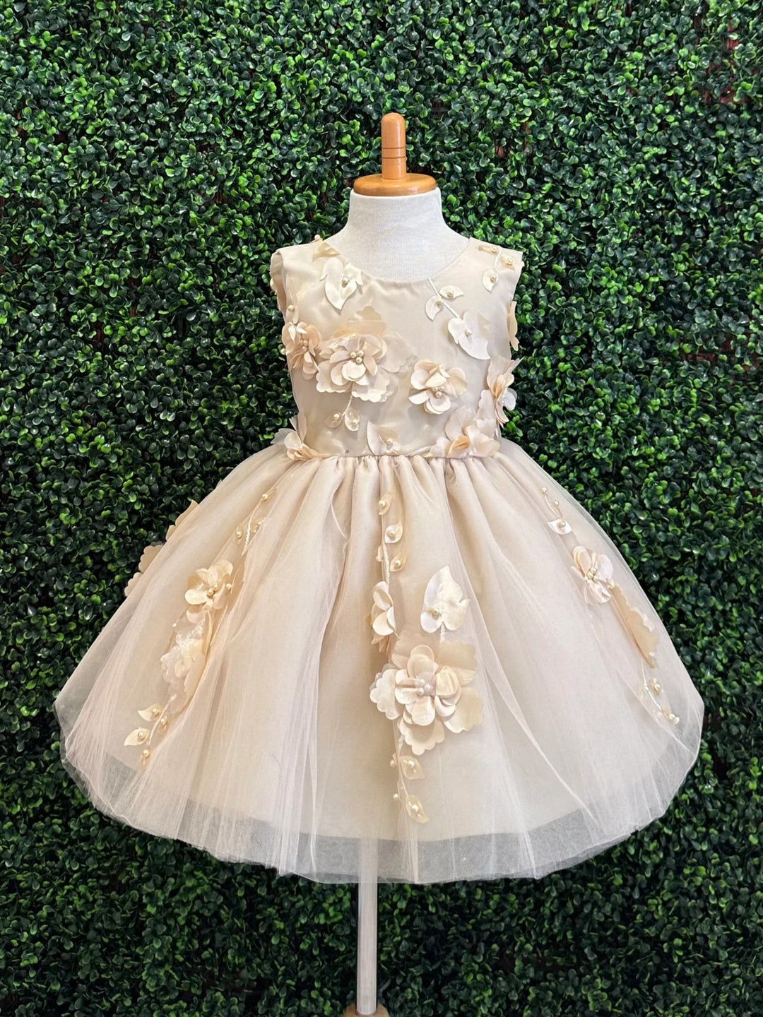 TinyTulle Elegant Champagne Tulle Flower Girl Dress with Floral Details and V-Back