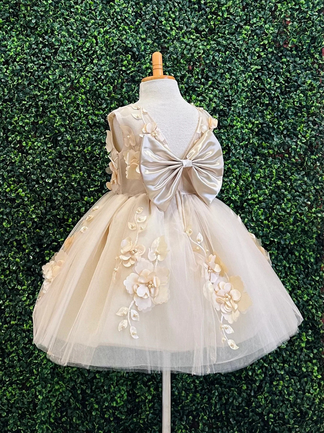 TinyTulle Elegant Champagne Tulle Flower Girl Dress with Floral Details and V-Back