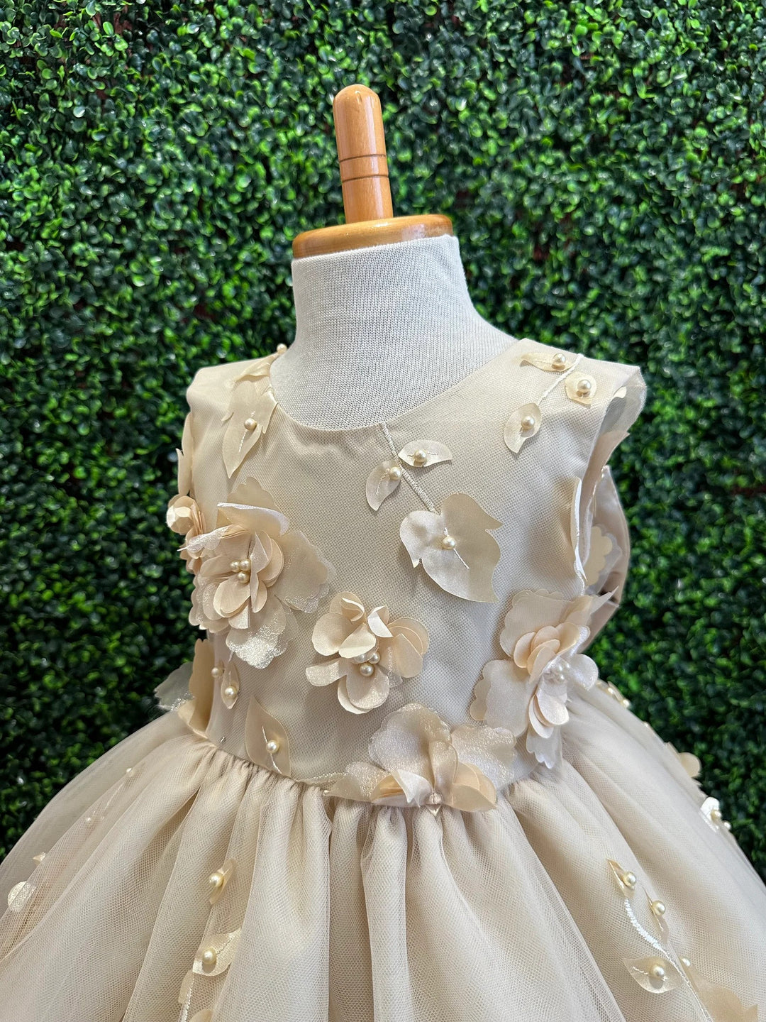 TinyTulle Elegant Champagne Tulle Flower Girl Dress with Floral Details and V-Back
